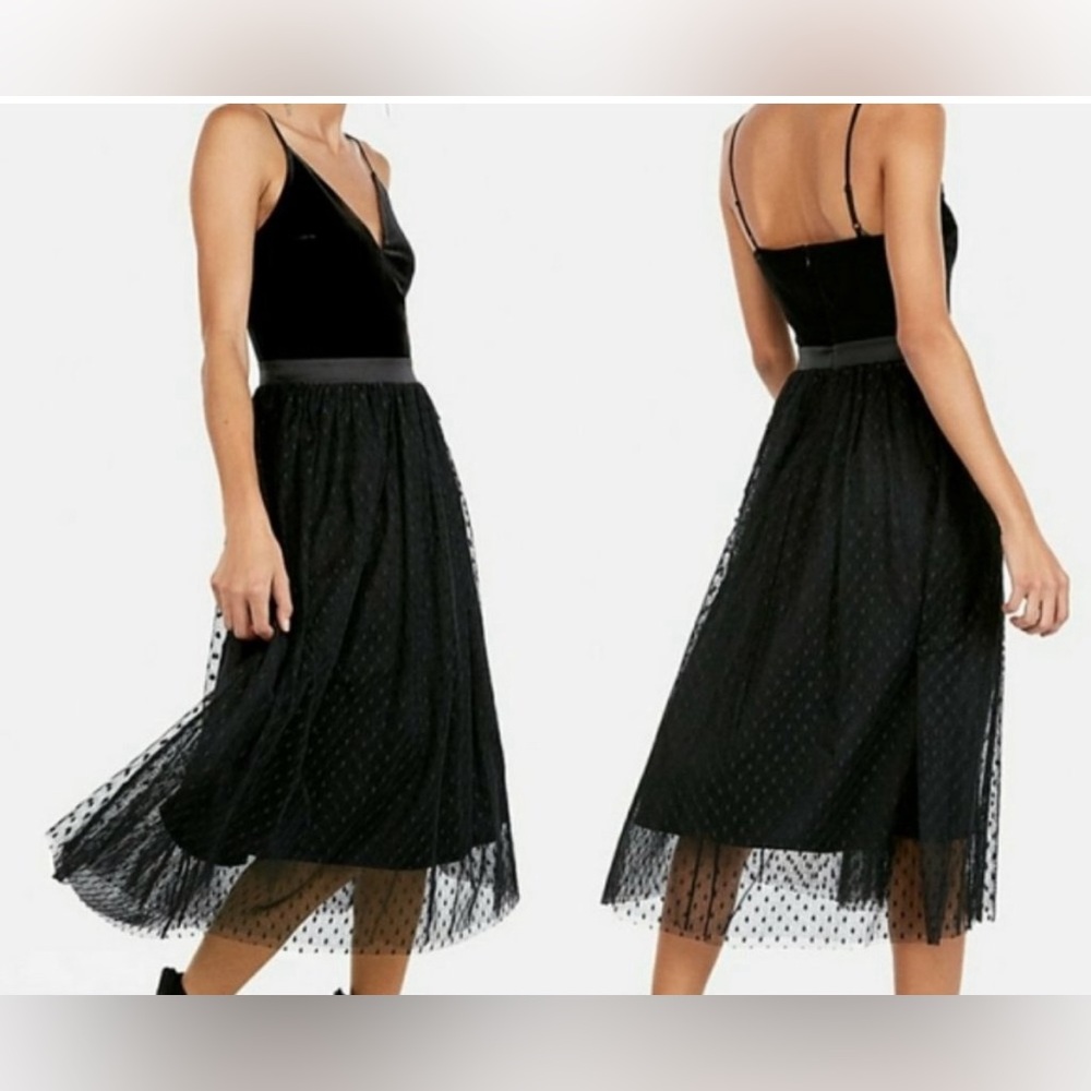 Express velvet bodice polka dot tulle midi dress